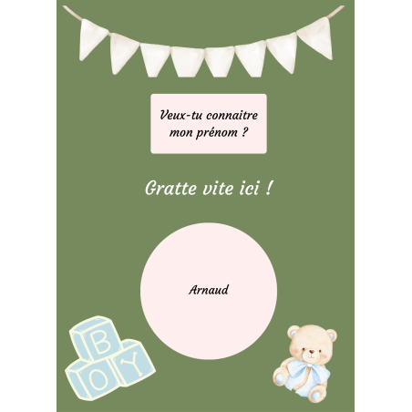 Carte à gratter prénom bébé annonce tendre vert sauge