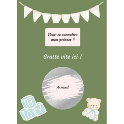 Carte à gratter prénom bébé annonce tendre vert sauge