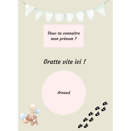 Carte à gratter prénom bébé annonce délicate beige naturel