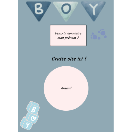 Carte à gratter prénom bébé annonce douce boy bleu poudré